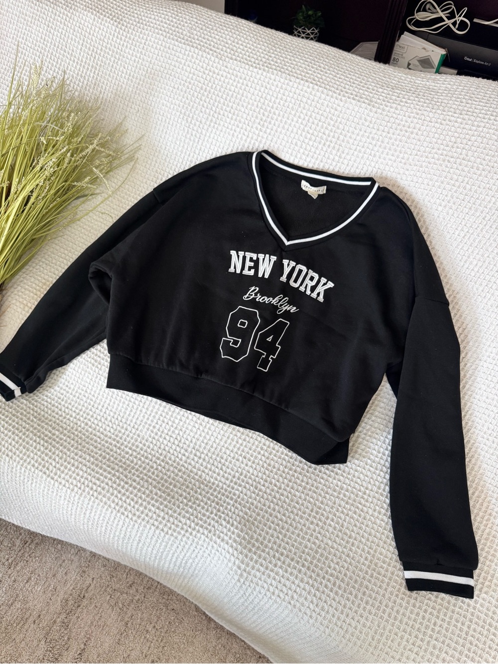 Aeropostale Black V-Neck Cropped Sweater with White Trim